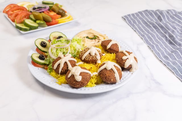 Falafel With Rice Salad And Hummus.
